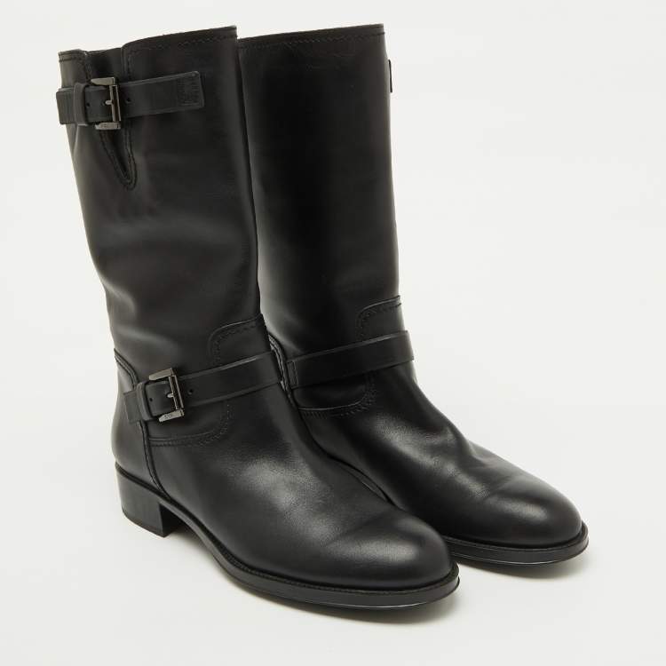 Pre Owned Tod's Black Leather Buckle Detail Calf Length Boots Size 39.5