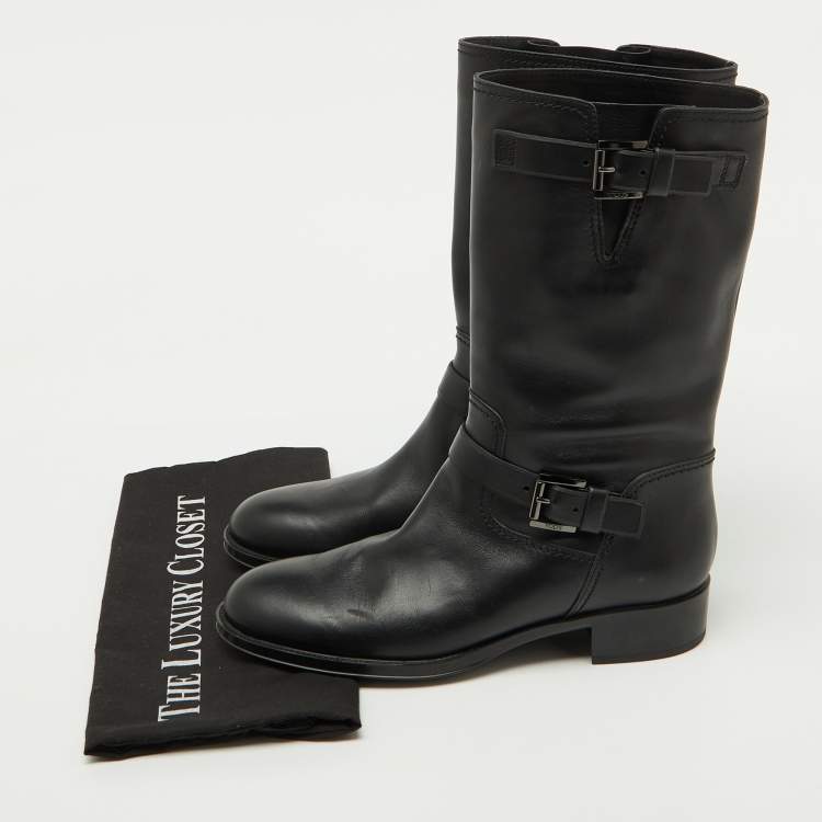 Pre Owned Tod's Black Leather Buckle Detail Calf Length Boots Size 39.5