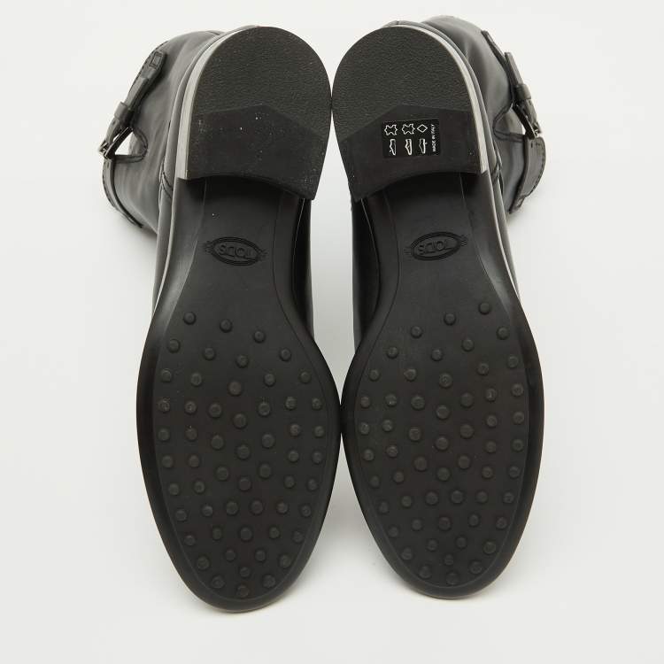 Pre Owned Tod's Black Leather Buckle Detail Calf Length Boots Size 39.5