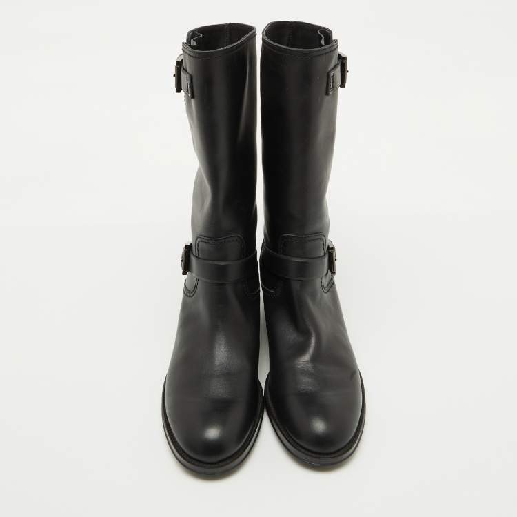 Pre Owned Tod's Black Leather Buckle Detail Calf Length Boots Size 39.5