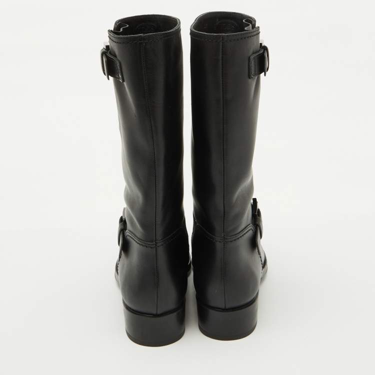 Pre Owned Tod's Black Leather Buckle Detail Calf Length Boots Size 39.5
