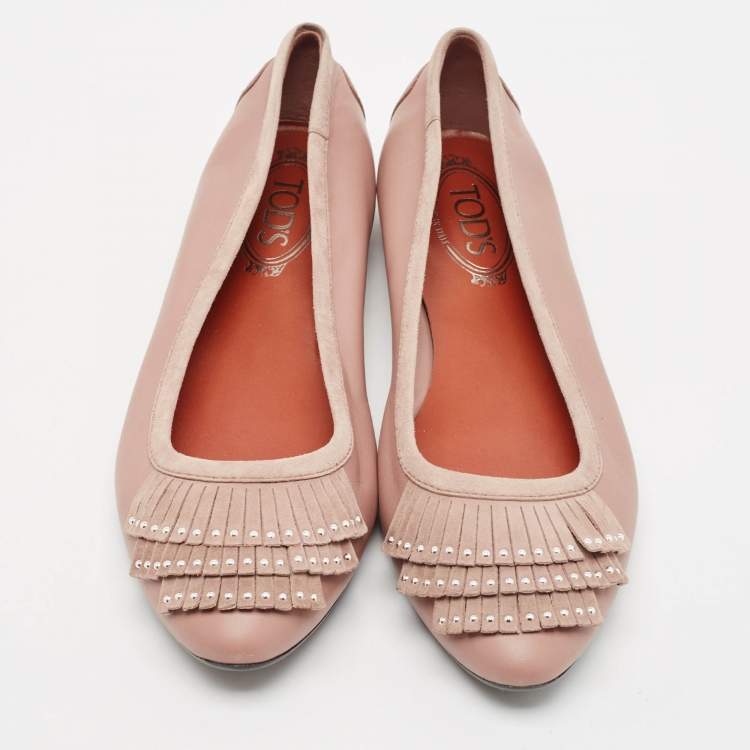 Pre Owned Tod's Brown Suede and Leather Fringe Detail Ballet Flats Size 40.5