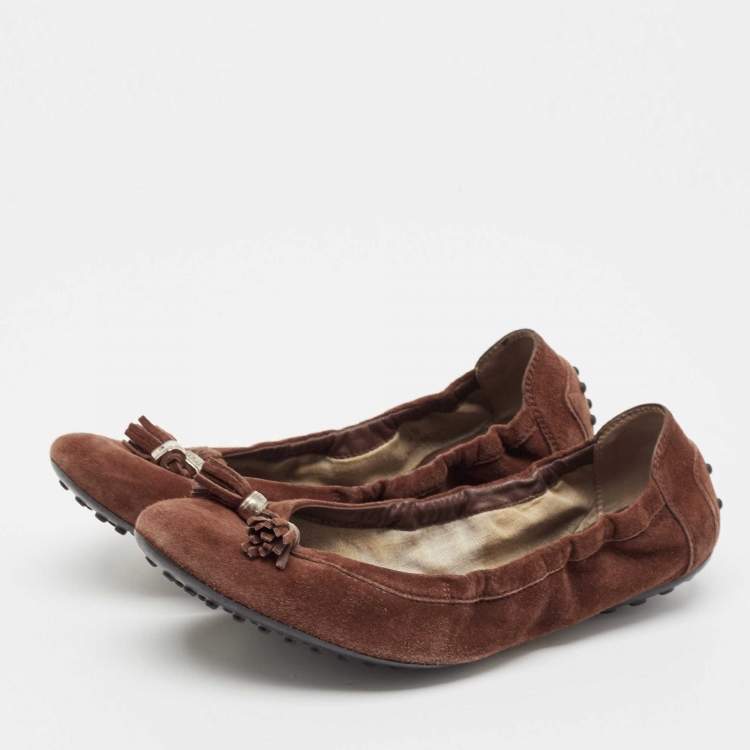 Pre Owned Tod's Dark Brown Suede Scrunch Ballet Flats Size 38