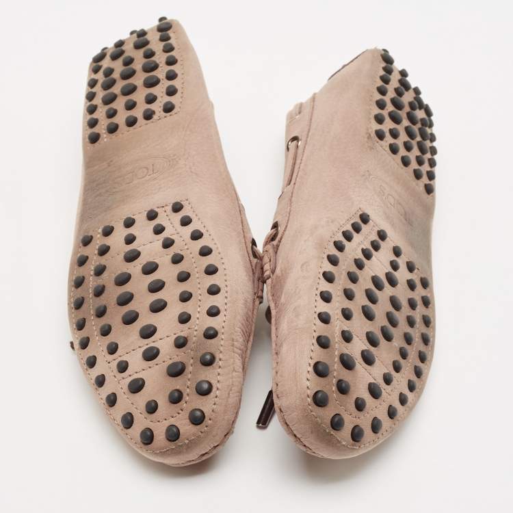 Pre Owned Tod's Brown Nubuck Leather Bow Scrunch Penny Loafers Size 40.5
