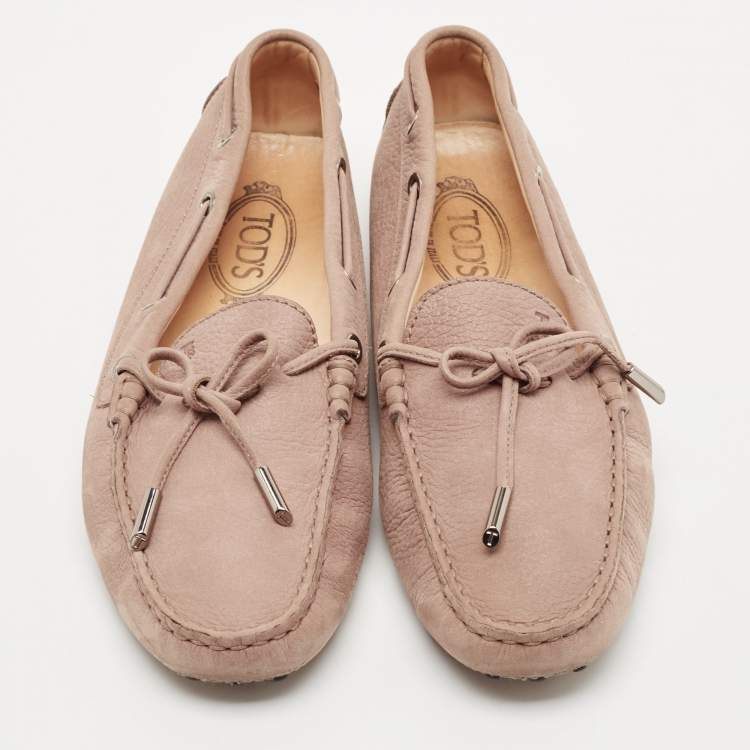 Pre Owned Tod's Brown Nubuck Leather Bow Scrunch Penny Loafers Size 40.5