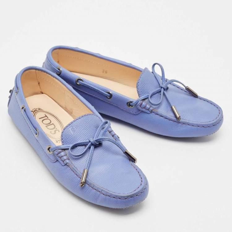 Pre Owned Tod's Blue Leather Bow Slip On Loafers Size 36