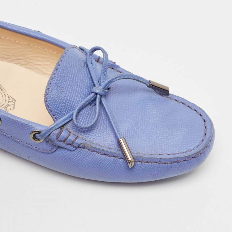 Pre Owned Tod's Blue Leather Bow Slip On Loafers Size 36