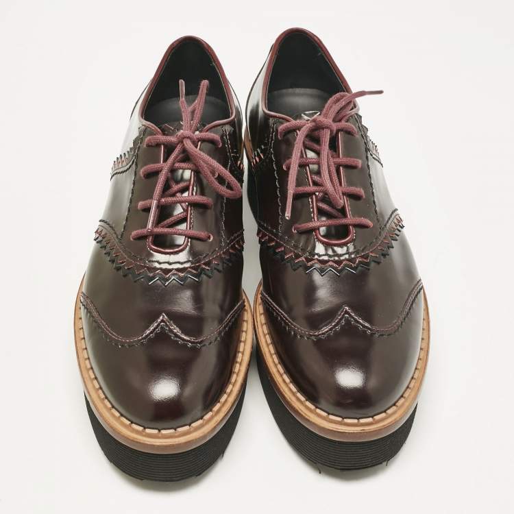 Pre Owned Tod's Burgundy Brogue Leather Platform Lace Up Oxfords Size 38