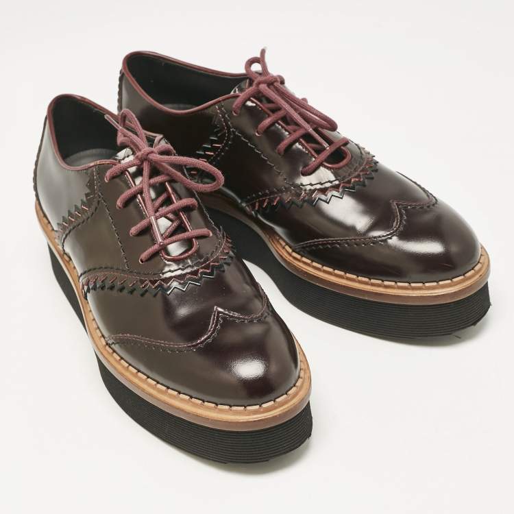 Pre Owned Tod's Burgundy Brogue Leather Platform Lace Up Oxfords Size 38