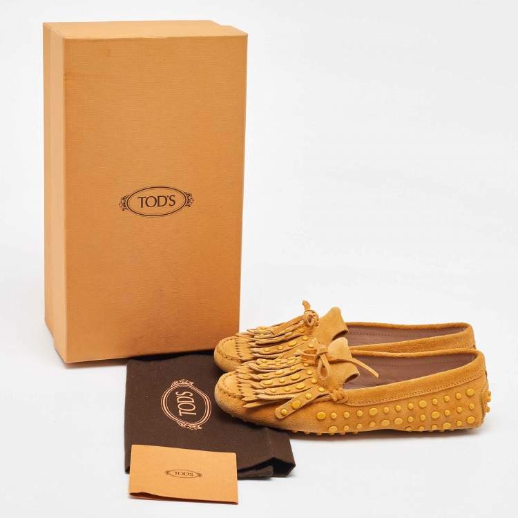 Pre Owned Tod's Yellow Suede Studded Fringe Bow Slip On Loafers Size 36