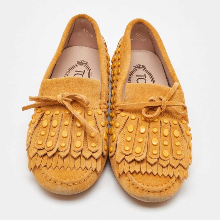 Pre Owned Tod's Yellow Suede Studded Fringe Bow Slip On Loafers Size 36