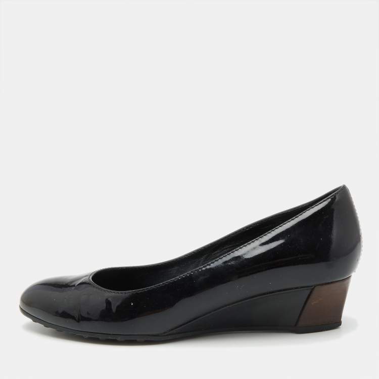 Pre Owned Tod's Black Patent Leather Wedge Pumps Size 37.5
