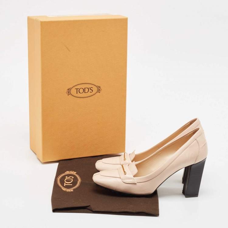 Pre Owned Tod's Beige Leather Block Heel Loafer Pumps Size 35.5