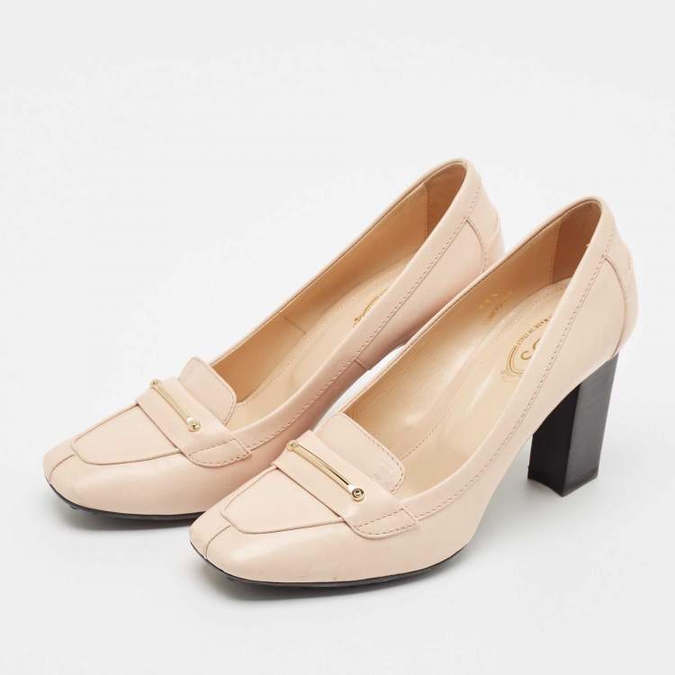 Pre Owned Tod's Beige Leather Block Heel Loafer Pumps Size 35.5