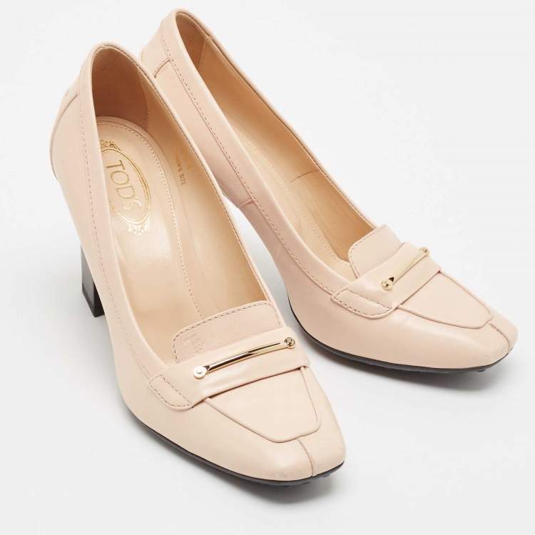 Pre Owned Tod's Beige Leather Block Heel Loafer Pumps Size 35.5