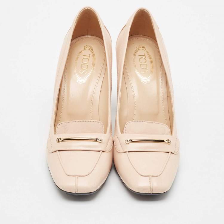 Pre Owned Tod's Beige Leather Block Heel Loafer Pumps Size 35.5