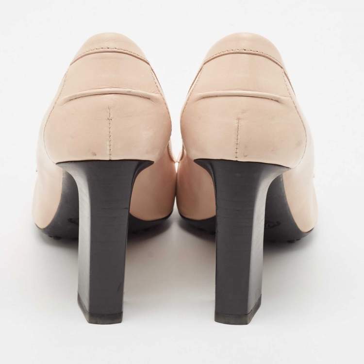 Pre Owned Tod's Beige Leather Block Heel Loafer Pumps Size 35.5