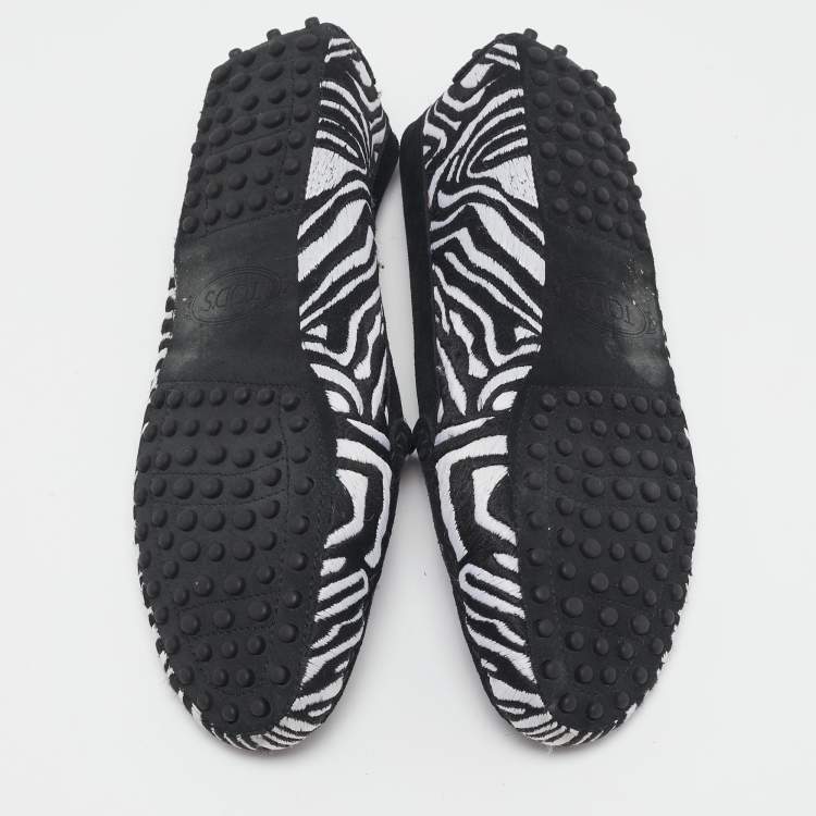 Pre Owned Tod's Black/White Suede Embroidered Slip On Loafers Size 40.5