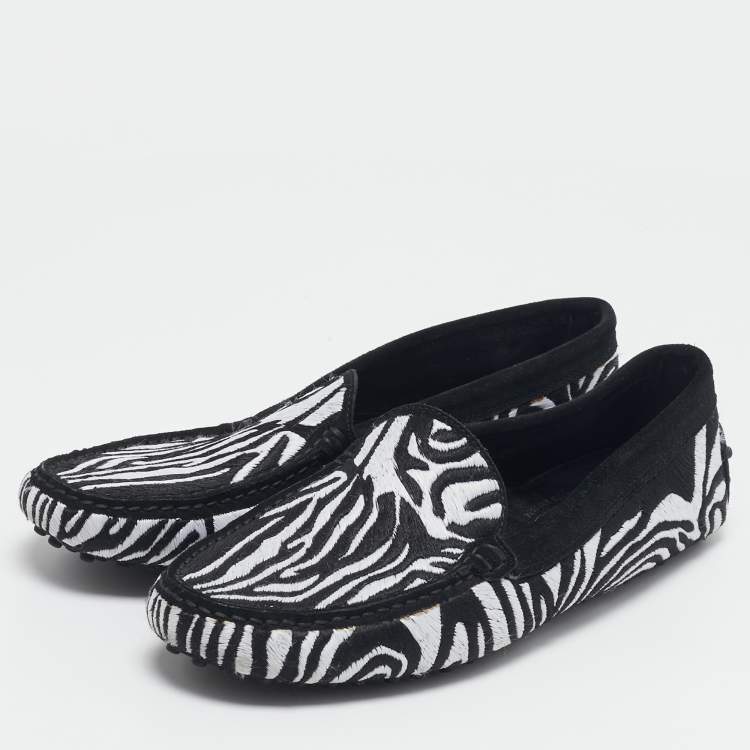 Pre Owned Tod's Black/White Suede Embroidered Slip On Loafers Size 40.5