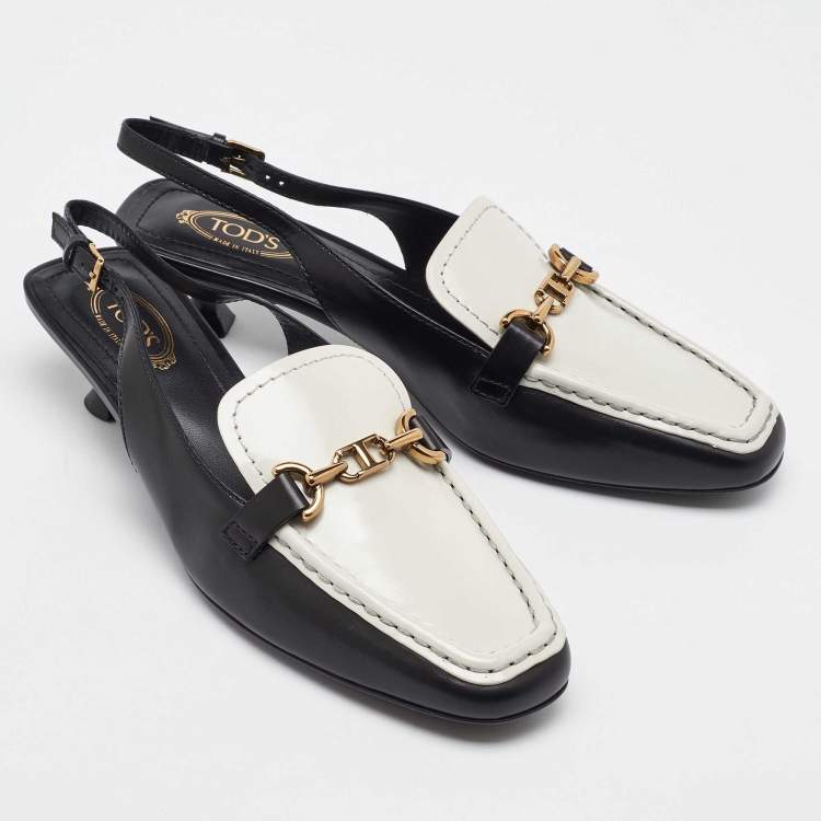 Pre Owned Tod's White/Black Leather Slingback Loafers Size 38