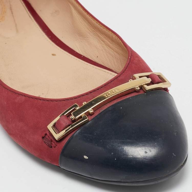 Pre Owned Tod's Red/Black Patent Leather and Suede Ballet Flats Size 39.5