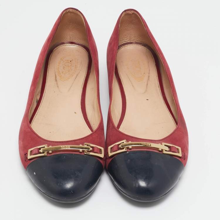 Pre Owned Tod's Red/Black Patent Leather and Suede Ballet Flats Size 39.5