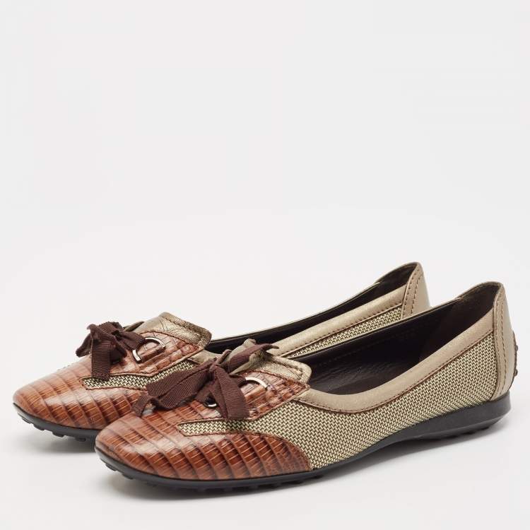 Pre Owned Tod's Brown/Metallic Leather and Mesh  Ballet Flats Size 38.5