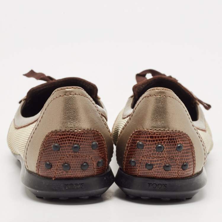 Pre Owned Tod's Brown/Metallic Leather and Mesh  Ballet Flats Size 38.5