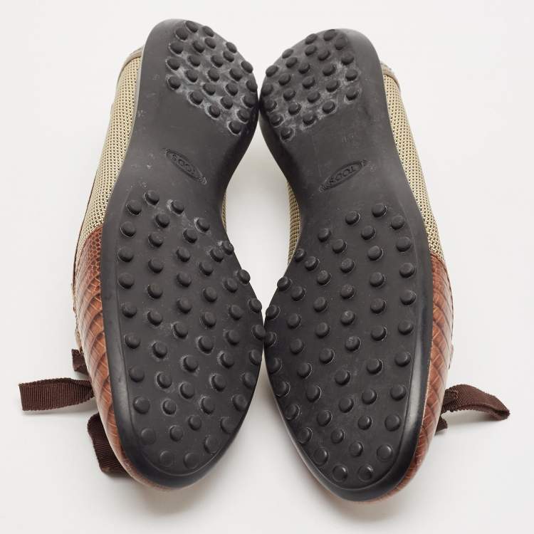 Pre Owned Tod's Brown/Metallic Leather and Mesh  Ballet Flats Size 38.5