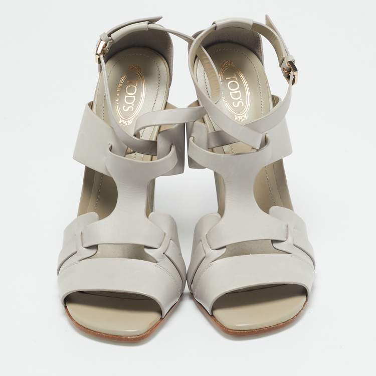 Pre Owned Tod's Grey Leather Cutout Block Heel Ankle Strap Sandals Size 39
