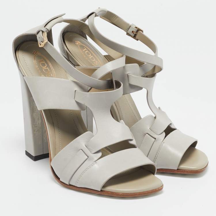 Pre Owned Tod's Grey Leather Cutout Block Heel Ankle Strap Sandals Size 39
