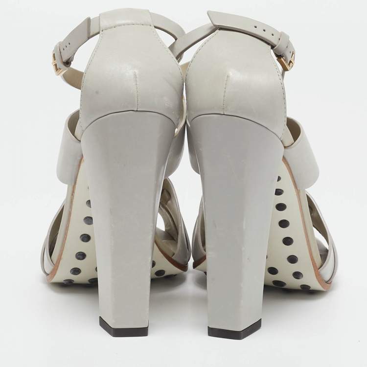 Pre Owned Tod's Grey Leather Cutout Block Heel Ankle Strap Sandals Size 39