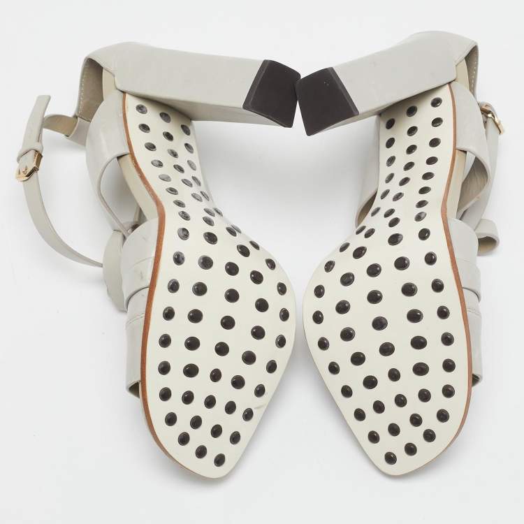 Pre Owned Tod's Grey Leather Cutout Block Heel Ankle Strap Sandals Size 39