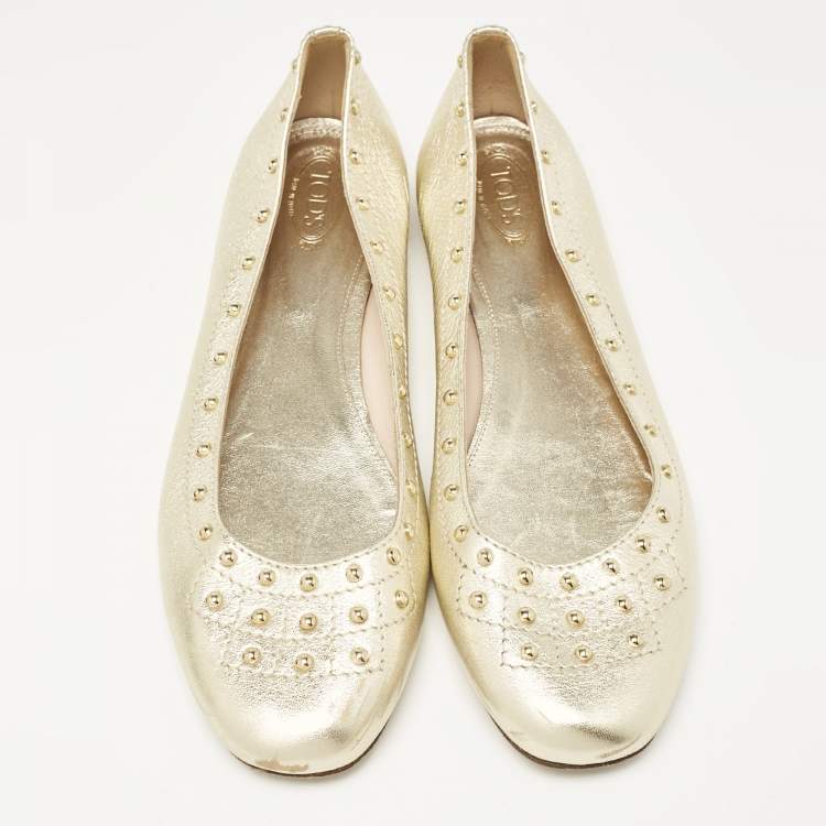 Pre Owned Tod's Metallic Gold Leather Studded Ballet Flats Size 39.5