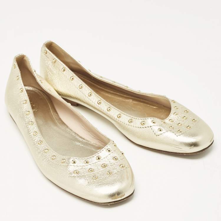 Pre Owned Tod's Metallic Gold Leather Studded Ballet Flats Size 39.5