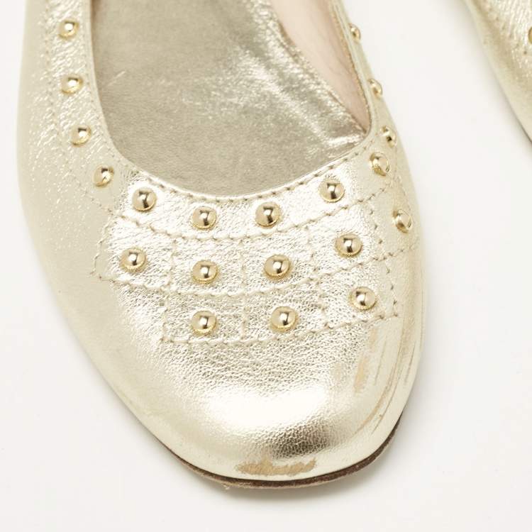Pre Owned Tod's Metallic Gold Leather Studded Ballet Flats Size 39.5