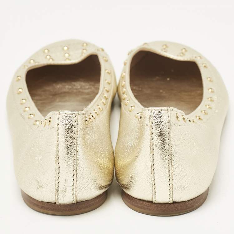 Pre Owned Tod's Metallic Gold Leather Studded Ballet Flats Size 39.5