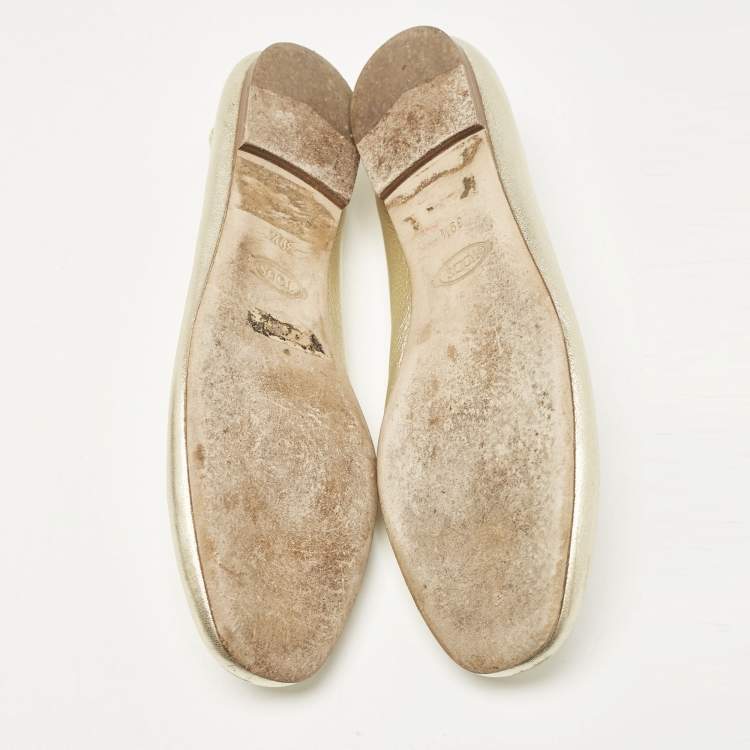 Pre Owned Tod's Metallic Gold Leather Studded Ballet Flats Size 39.5