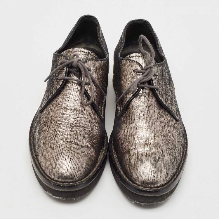 Pre Owned Tod's Metallic Bronze Leather Platform Lace Up Oxfords Size 38.5 