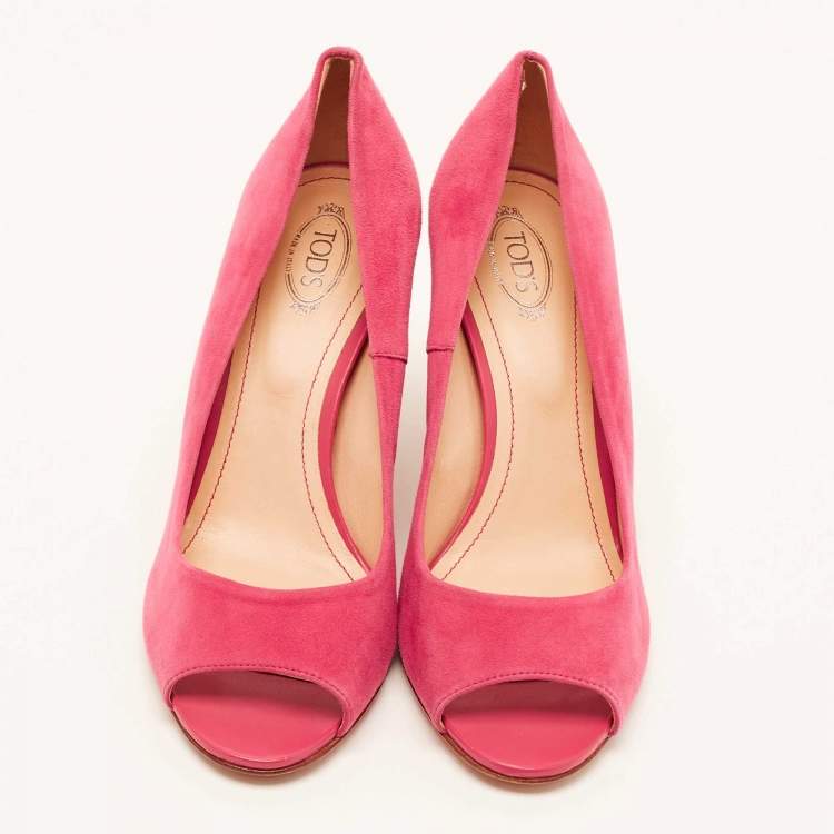 Pre Owned Tod's Bright Pink Suede Open Toe Wedge Pumps Size 38