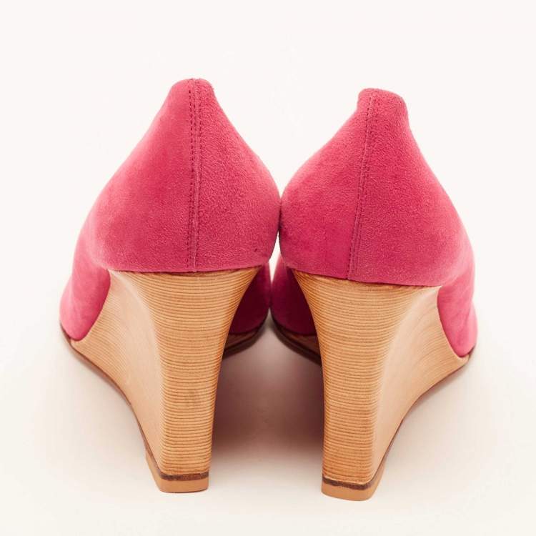 Pre Owned Tod's Bright Pink Suede Open Toe Wedge Pumps Size 38