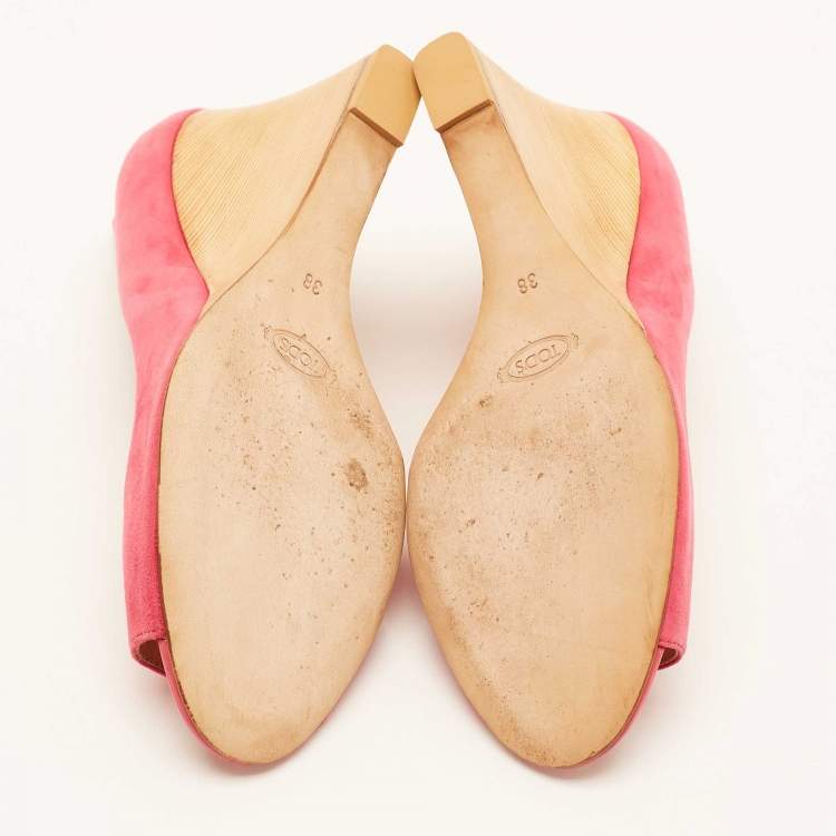 Pre Owned Tod's Bright Pink Suede Open Toe Wedge Pumps Size 38