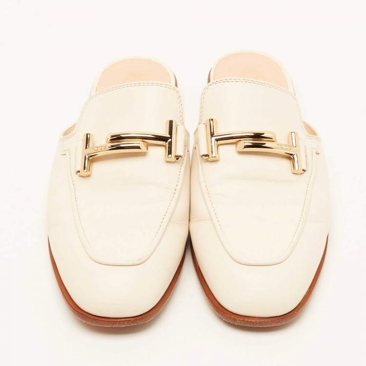 Pre Owned Tod's Off White Leather Double T Flat Mules Size 36.5