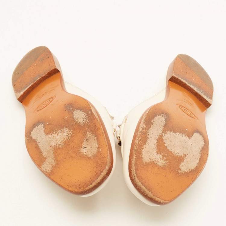 Pre Owned Tod's Off White Leather Double T Flat Mules Size 36.5