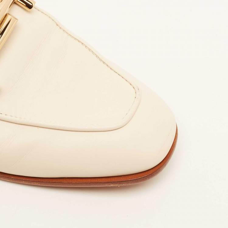 Pre Owned Tod's Off White Leather Double T Flat Mules Size 36.5