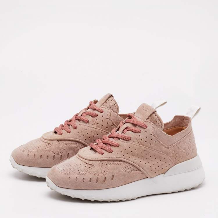 Pre Owned Tod's Dusty Pink Suede Perforated Low Top Sneakers Size 36.5