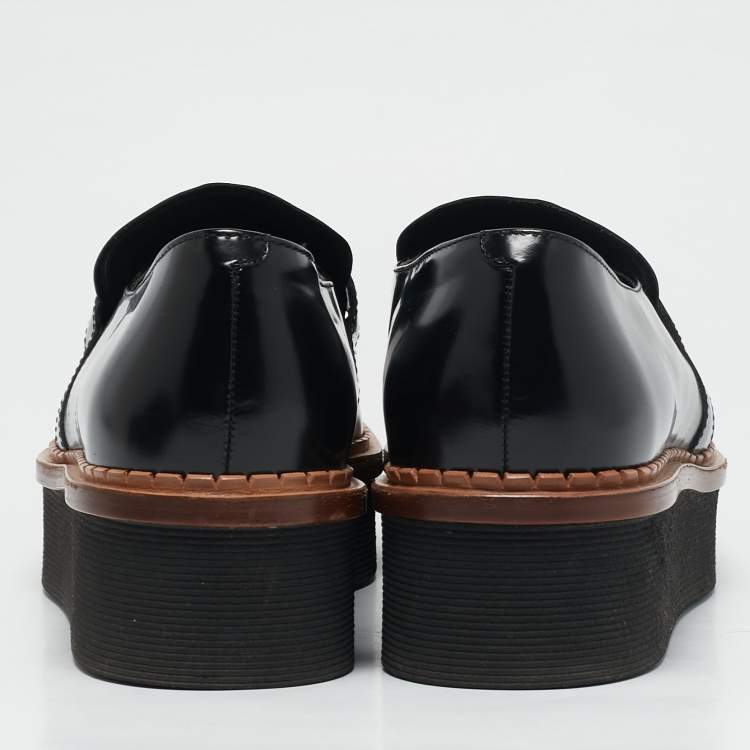 Pre Owned Tod's Black Leather Fringe Detail Platform Loafers Size 39.5