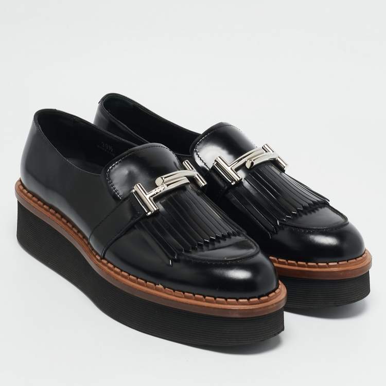 Pre Owned Tod's Black Leather Fringe Detail Platform Loafers Size 39.5