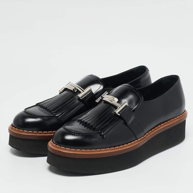 Pre Owned Tod's Black Leather Fringe Detail Platform Loafers Size 39.5
