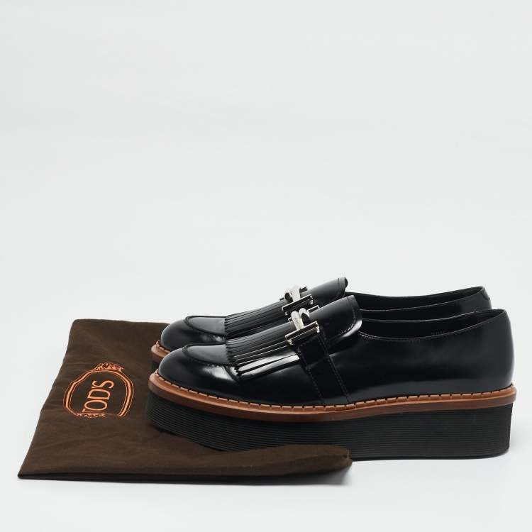 Pre Owned Tod's Black Leather Fringe Detail Platform Loafers Size 39.5